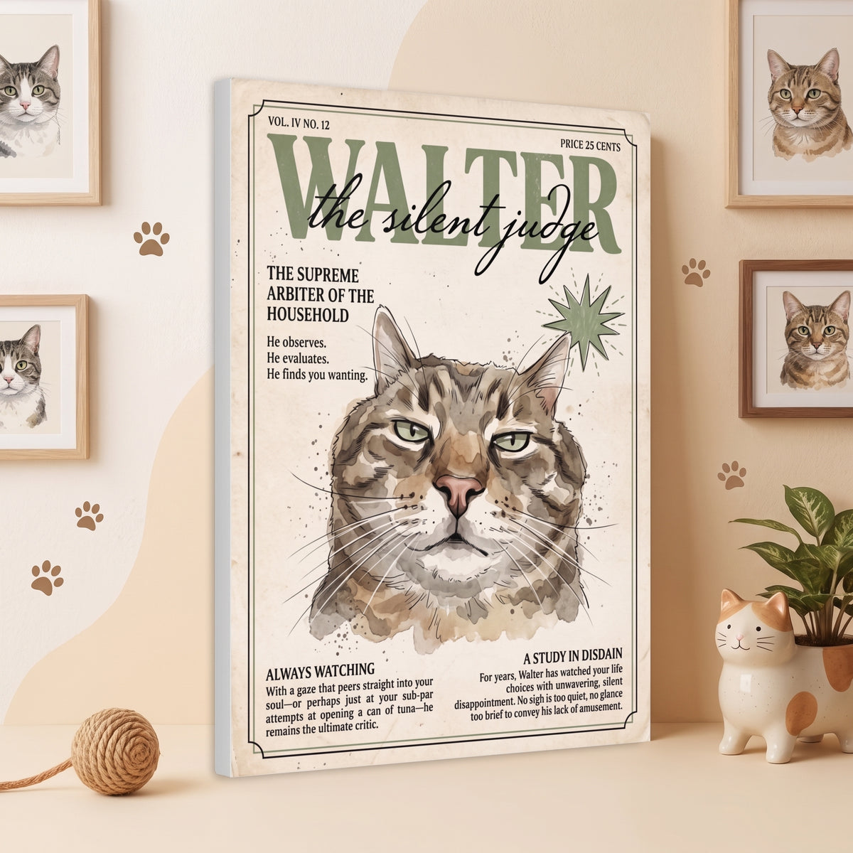 Walter the Silent Judge Cat Canvas Print, Vintage Magazine Pet Portrait