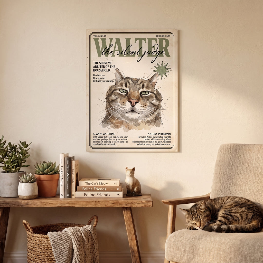 Walter the Silent Judge Cat Canvas Print, Vintage Magazine Pet Portrait
