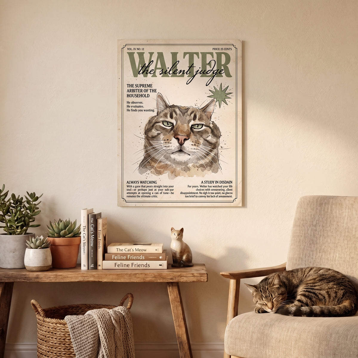 Walter the Silent Judge Cat Canvas Print, Vintage Magazine Pet Portrait