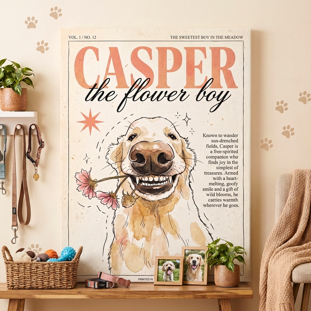 Casper the Flower Boy Canvas Print, Whimsical Golden Retriever Flower Dog Wall Art