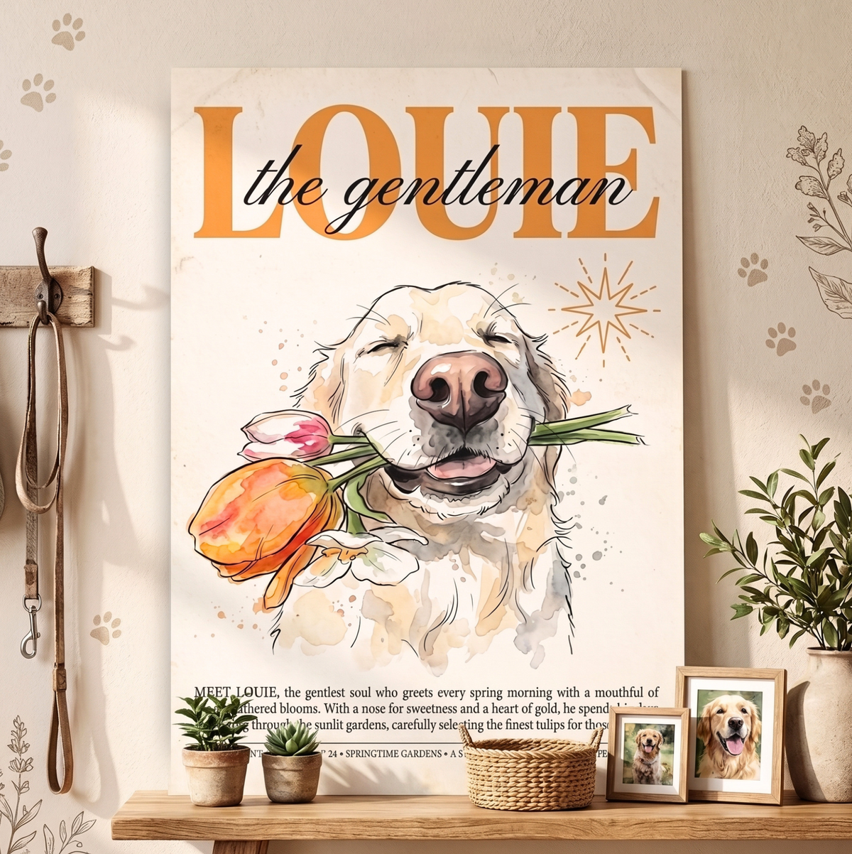 Louie the Gentleman, Golden Retriever Canvas Wall Art with Tulips